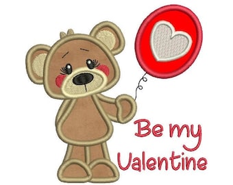 Valentine's Day Applique Machine Embroidery Design, Valentine Bear, Cute Bear, Heart Embroidery, 4x4, 5x7, 6x10, Instant Download, FA543-1