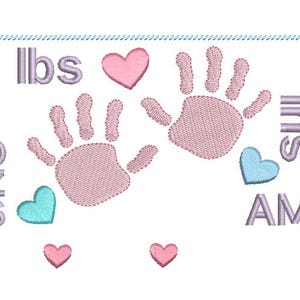 May include: Embroidered design with two pink handprints, four pink hearts, and the text "lbs", "ONS", "AM", and "ins".