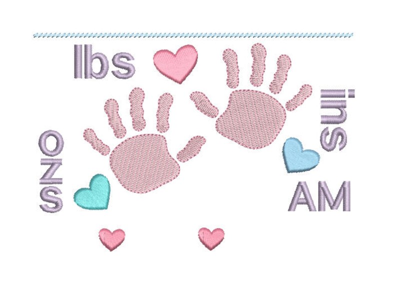 May include: Embroidered design with two pink handprints, four pink hearts, and the text "lbs", "ONS", "AM", and "ins".