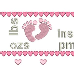 Birth Announcement Embroidery Template, Baby Feet, Baby Birth Stats, Baby Footprints, Hearts, Machine Embroidery, AM/PM, 3 Sizes, FT509-5 image 4