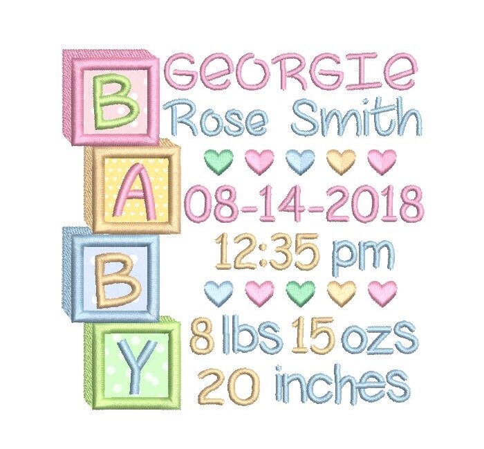Birth Announcement TEMPLATE Embroidery Design Applique Etsy