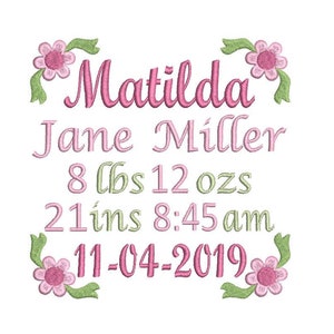 Geburt Ankündigung TEMPLATE Stickerei Design, Baby Geburt Statistiken, Blumen, Baby Ankündigung, Maschine Stickerei, AM/PM, 3 Größen, FT509-70