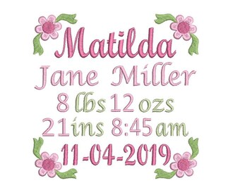 Birth Announcement TEMPLATE Embroidery Design, Baby Birth Stats, Floral, Baby Announcement, Machine Embroidery, AM/PM, 3 Sizes, FT509-70