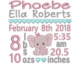 Baby Birth Announcement Machine Embroidery Design, Subway Art, Customized Baby Birth Stats, Baby Elephant Embroidery, AM/PM, 3 Sizes F509-50