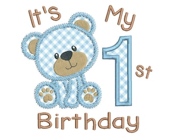 1. Geburtstag Maschinenstickerei Applikation Design Teddybär ersten Geburtstag Stickmuster, 4 x 4, 5 x 7, 6 x 10, INSTANT DOWNLOAD, No: FA510-14