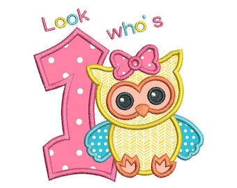 1er cumpleaños de la muchacha del Applique diseño del bordado, primer cumpleaños, lindo bebé niña buho Applique, 4 x 4, 5 x 7, 6 x 10, descarga inmediata, No: FA510-53