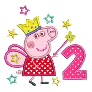 2nd Birthday Machine Embroidery Applique Design, Cute Fairy Pig, Girl&#39;s 2nd Birthday Design, Pig, 4x4, 5x7, 6x10, INSTANT DOWNLOAD, FA510-17