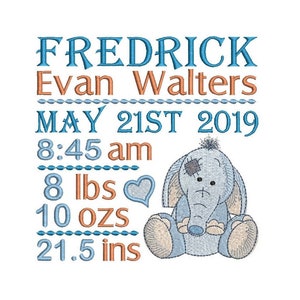 Birth Announcement TEMPLATE Embroidery Design, Baby Birth Stats, Template, Machine Embroidery, Baby Elephant, AM/PM, 3 Sizes, FT509-64