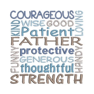 May include: A word cloud with the words "Courageous, Wise, Good, Patient, Father, Protective, Generous, Thoughtful, Strength, Kind, Loving, Funny, Handy" in blue, light blue, and brown.