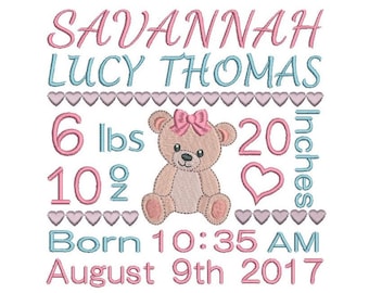 Baby Birth Announcement Embroidery Design, Subway Art, Customized Baby Birth Announcement Machine Embroidery Design, AM/PM, 3 Sizes F509-27