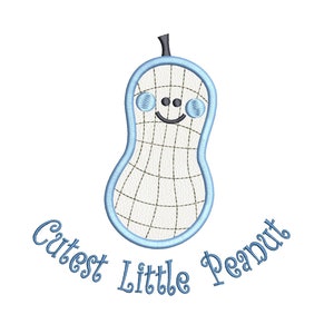 Puede incluir: Un cacahuete azul y blanco con una cara sonriente y el texto "Cutest Little Peanut" debajo.