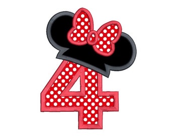 Girl's 4th Birthday Applique Embroidery Design, Mouse Ears, Fourth Birthday, Machine Embroidery, Number 4, Instant Download, FA510-76