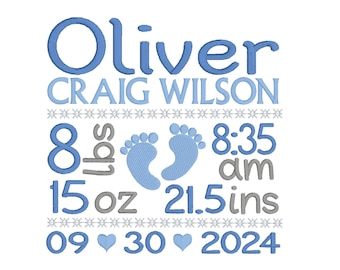 Baby Birth Announcement TEMPLATE Embroidery Design, Subway Art, Baby Birth Stats, Baby Feet, Machine Embroidery, AM/PM, 3 Sizes, BT100-6