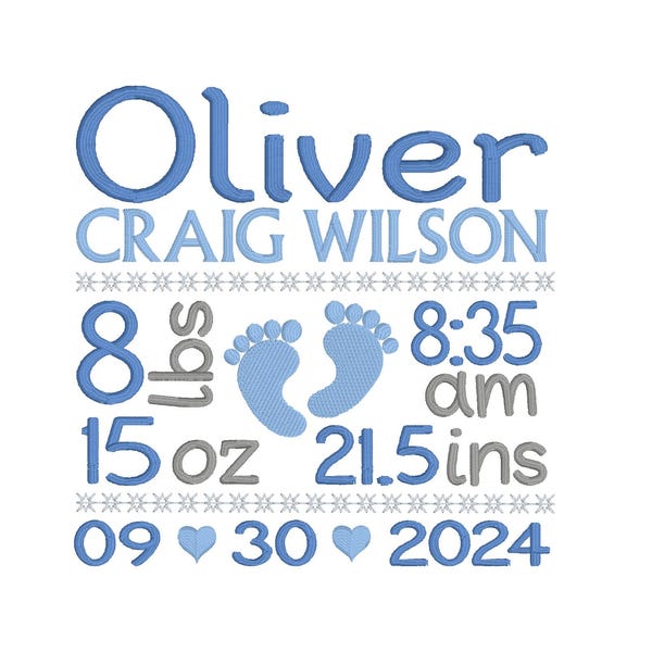 Baby Geburtsankündigung Vorlage, Stickdatei, U-Bahn Kunst, Baby Geburtsdaten, Babyfüße, Maschinenstickerei, AM/PM, 3 Größen, BT100-6