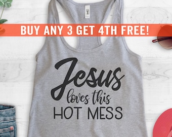 Jesus Loves This Hot Mess Tank Top, Racerback Tank Top, Religious Tank Top, Christian Mom Tank, Cute Christian Tank