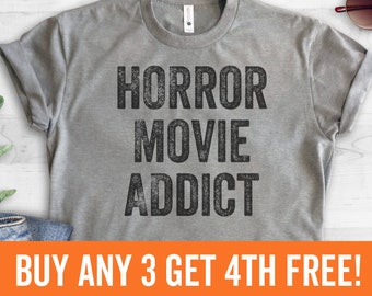 Horror Movie Addict T-shirt, Ladies Unisex Crewneck Shirt, Halloween T-shirt, Horror Movie T-shirt, Short & Long Sleeve T-shirt