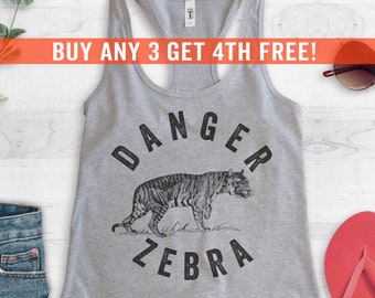 Danger Zebra Tank Top, Racerback Tank Top, Tiger Tank Top, Funny Animal Graphic Tank Top, Cute Animal Lover Tank Top