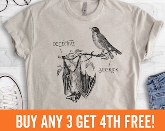 Detective & Sidekick, Funny Animal T-shirt, Bat and Robin, Graphic Tee, Halloween Shirt