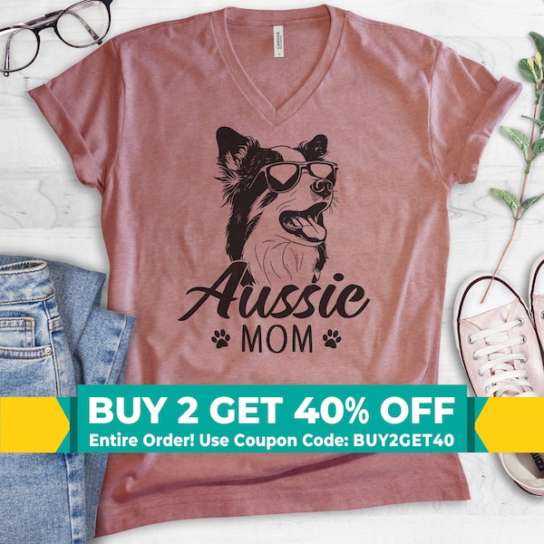 Aussie Mom V-Neck T-Shirt, Unisex Women's, Australian Shepherd Aussie Owner, Funny Dog Mom Gift