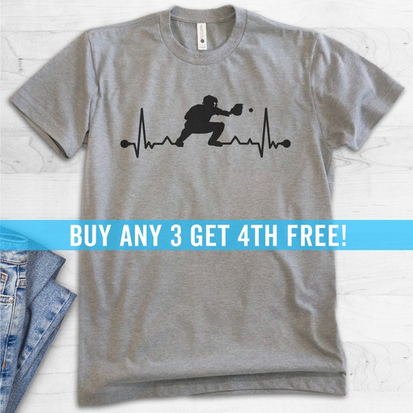 Baseball Catcher Heartbeat, Unisex Women's Men's Shirt, I Love Baseball Catcher Lover Player Coach Gift