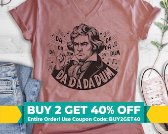 Beethoven V-neck T-shirt, Unisex Women's Men's, Da Da Dum Ludwig Van Beethoven Composer 5th Symphony