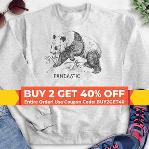 Può includere: Una felpa girocollo grigio chiaro con un'illustrazione a inchiostro nero di un panda gigante che cammina su piccoli steli di bambù. Sotto il panda, la parola PANDASTIC è stampata in un carattere semplice e scuro sulla zona del petto.