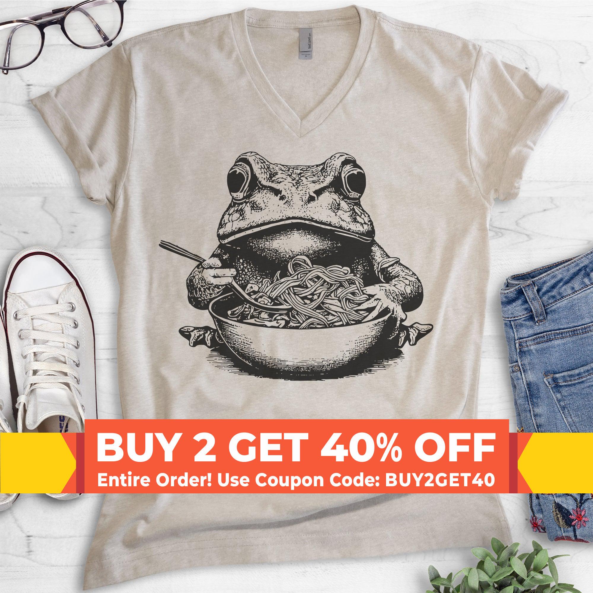 Frog Eating Ramen Noodles V-neck T-shirt, Unisex Women's Men's