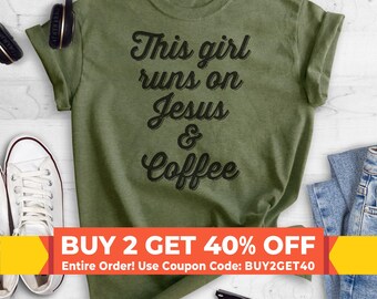 This Girl Runs On Jesus & Coffee T-shirt,  Ladies Unisex Crewneck T-shirt, Cute Coffee T-shirt, Short and Long Sleeve T-shirt