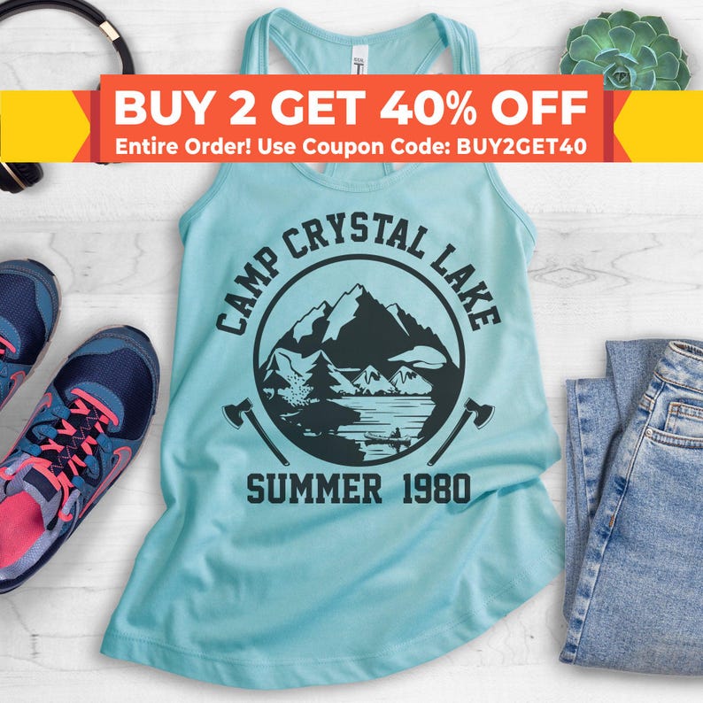 Camp Crystal Lake Tank Top, Racerback Tank Top, Funny Halloween Tank, Horror Graphic Tank image 1
