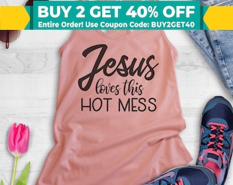 Jesus Loves This Hot Mess-tanktop, racerback-tanktop, religieuze tanktop, christelijke moeder-tank, schattige christelijke tank