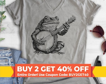 Frog Playing Banjo V-neck T-shirt, Unisex Women's Men's, Country Frog Banjo Guitar Music Bluegrass