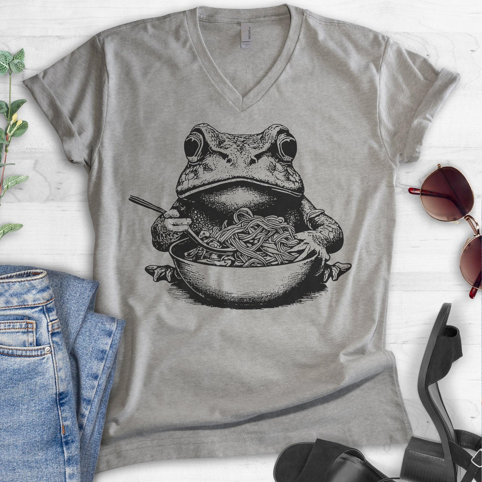Frog Eating Ramen Noodles V-neck T-shirt, Unisex Women's Men's