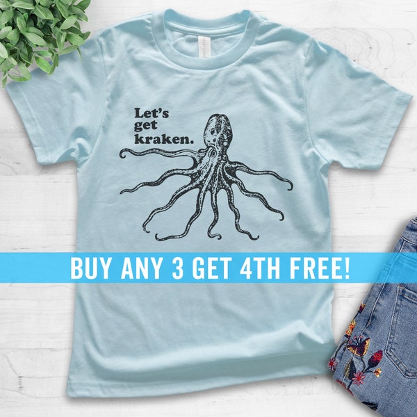 Youth Let's Get Kraken T-shirt, Youth Kids Girl Boy T-Shirt, Animal Pun T-shirt, Funny Giant Octopus Squid Shirt