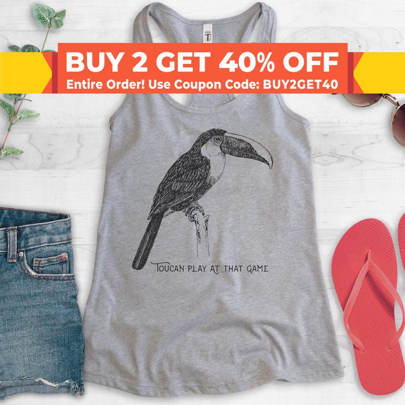 Tanktop Toucan Play At That Game, racerback dames, toucan-tanktop, shirt met schattige dieren, tanktop met dieren woordspeling, shirt vogelliefhebber, shirt vogelliefhebber afbeelding 1