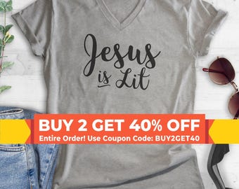 Jesus Is Lit V-Neck T-shirt, Unisex Women's Men's, Religious Clothing, Faith Shirt, Christian Tee Jesus Tee