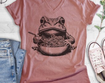 Frog Eating Ramen Noodles V-neck T-shirt, Unisex Women's Men's