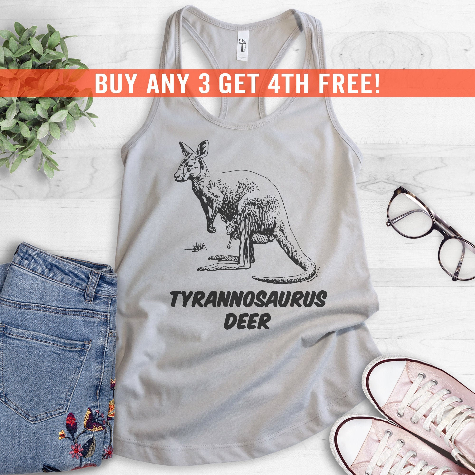 Tyrannosaurus Deer Tank Top, Ladies Cute Pun Tank Racerback, Animal Shirt - Kangaroo Tank Animal Top, Etsy Kangaroo Lover Top, Shirt