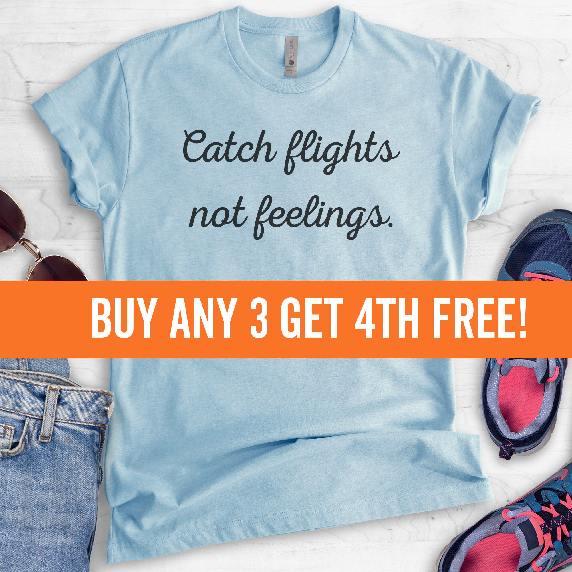 T-shirt Femme "Catch Flights Not Feelings" Blanc - Taille M, Col V, Coton, Neuf Sans étiquette