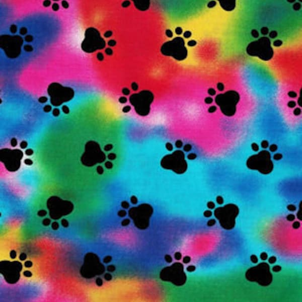 Paw Prints on Tie Dye Novelty cotton fabric