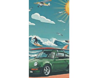 Vintage strandhanddoek met surfscène | Auto, golven, surfer