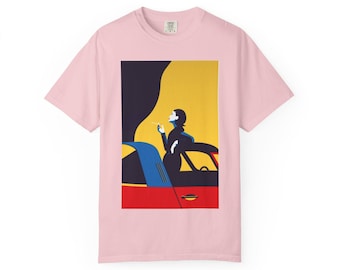 Sonnenuntergang Hollywood AI Drive T-Shirt | Retro Palmen-Sonnenuntergang-Straßen-Druck