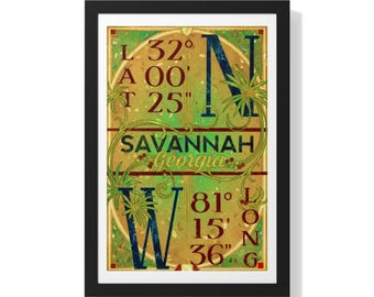 Savannah, Georgia, Koordinaten Poster gerahmtes vertikales Poster | Stadt Typografie Kunst