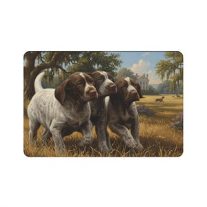 May include: A rectangular decorative print featuring three German Shorthaired Pointer puppies in a field. The puppies have brown and white speckled coats and are set against a backdrop of a house and trees.