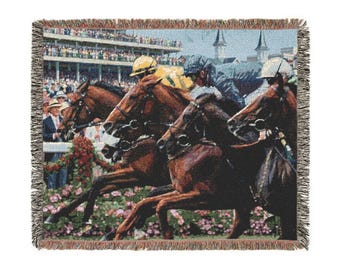 Manta tejida con jinetes de carreras de caballos del Derby de Kentucky / Manta con escena de pista ecuestre