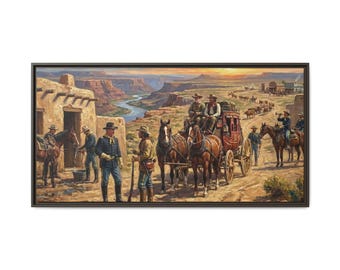 Western Stagecoach Desert Scene Canvas, Framed Matte Wall Art