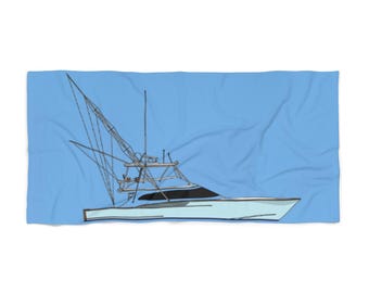 Sportfischer Boot Strandtuch | Küstenyacht Illustration, Blau Nautik