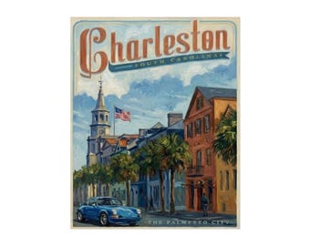 May include: Vintage-style travel poster for Charleston, South Carolina. The artwork features a blue sports car on a cobblestone street, palm trees, and historic buildings. The text "Charleston SOUTH CAROLINA" is at the top, and "THE PALMETTO CITY" is at the bottom.