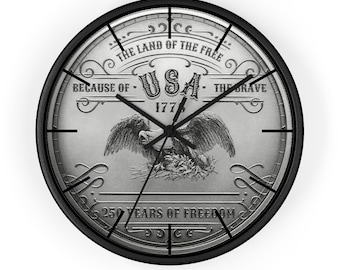USA 1776 Adler Wanduhr | Vaterländisches Vintage Münzdesign, 250 Jahre Freiheit