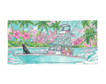 Tropisches Fischerboot Strandtuch | Palmen, Hibiskus, Ozeanszene