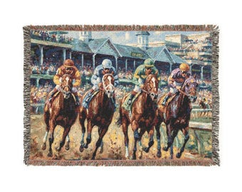 Churchill Downs Pferderennenszene gewebte Decke | Jockeys beim Zieleinlauf